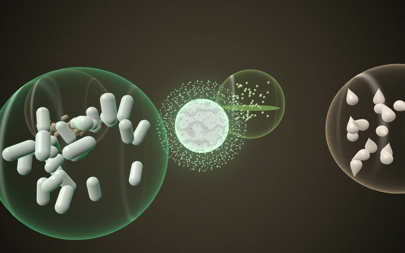 A standardized ingredient particle at the centre of a cosmetic world of serum droplets and smooth emulsions.