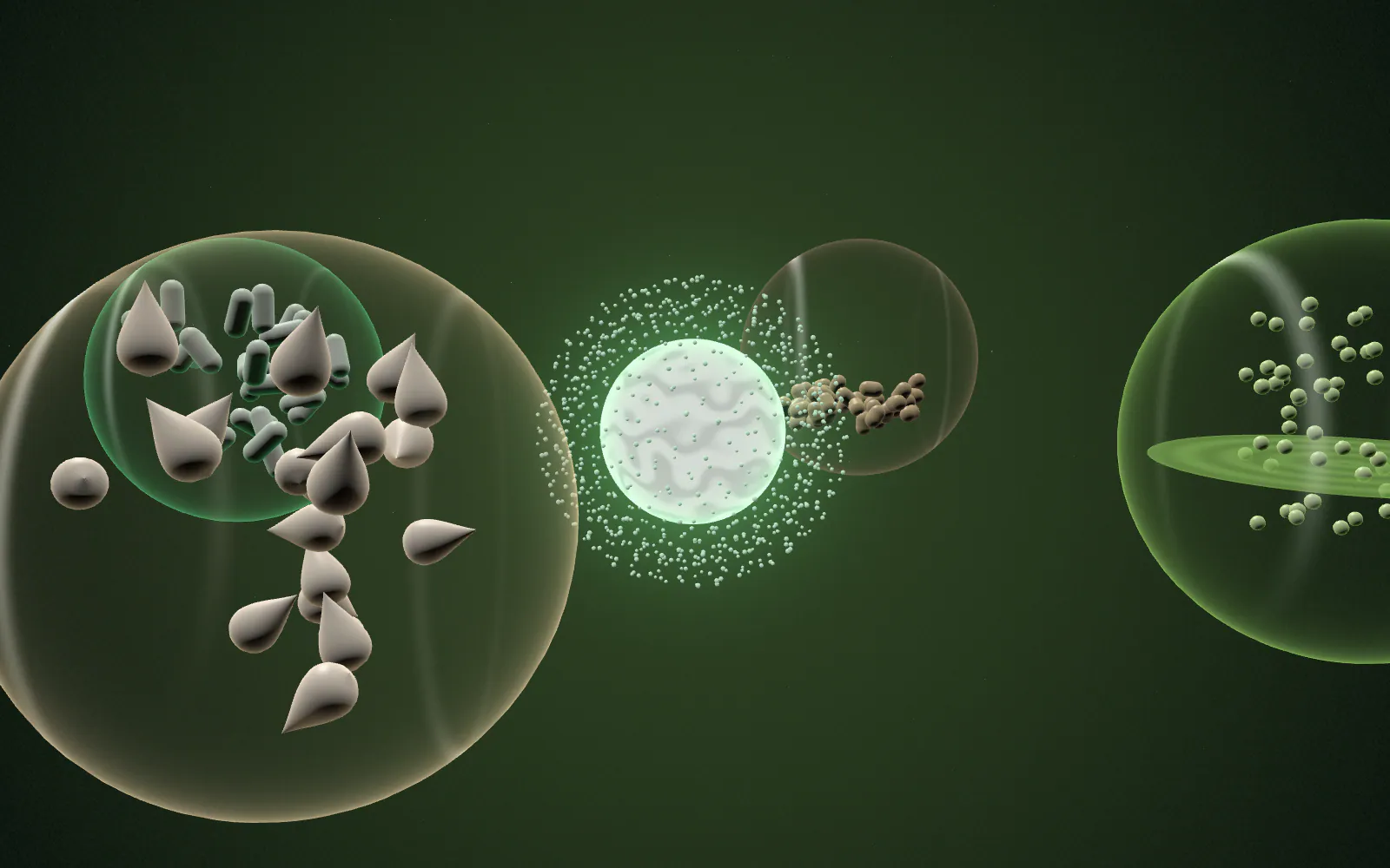A standardized ingredient particle at the centre of a functional food & beverage world of a rippling liquid with rising bubbles.