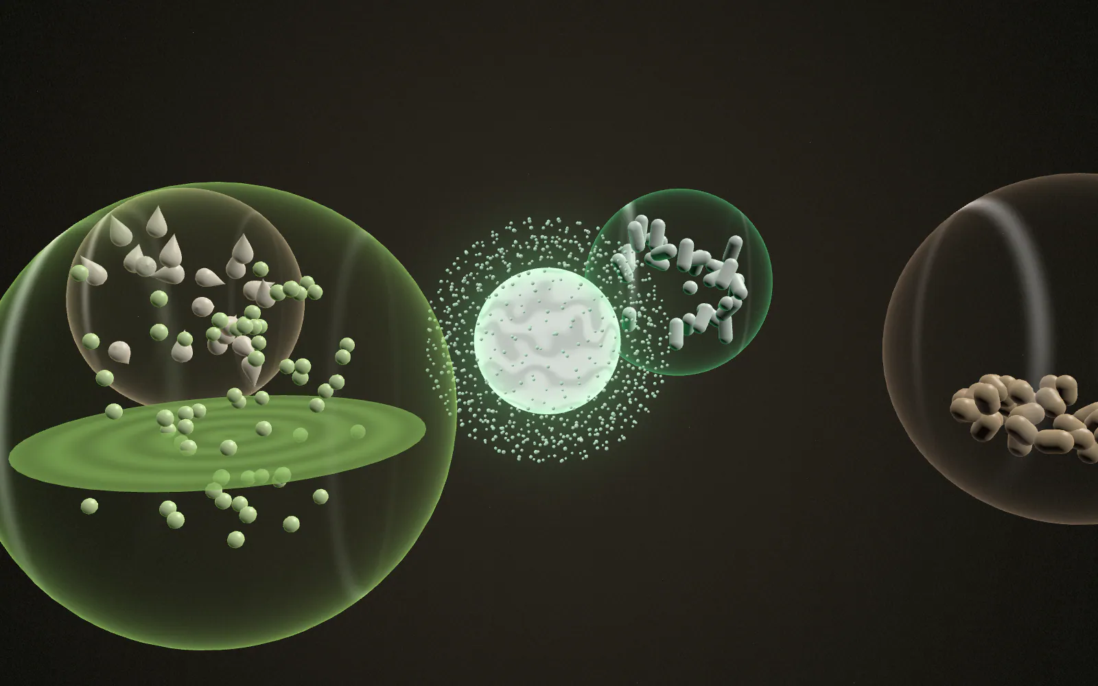 A standardized ingredient particle at the centre of a veterinary world of rounded feed-pellet forms.
