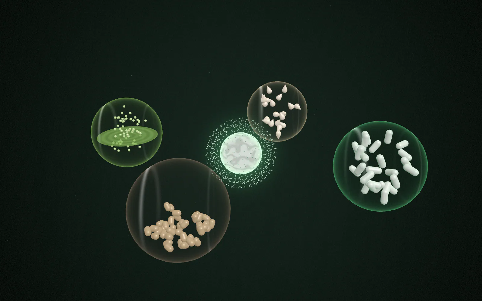 One standardized ingredient particle glows at the centre; four application worlds wait in orbit around it.