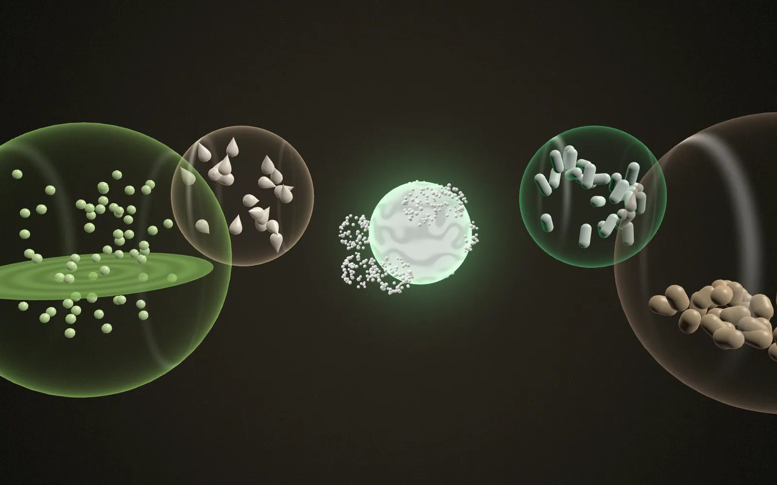 The camera orbits 270° around the same ingredient; the surrounding world becomes Veterinary: rounded feed-pellet forms.