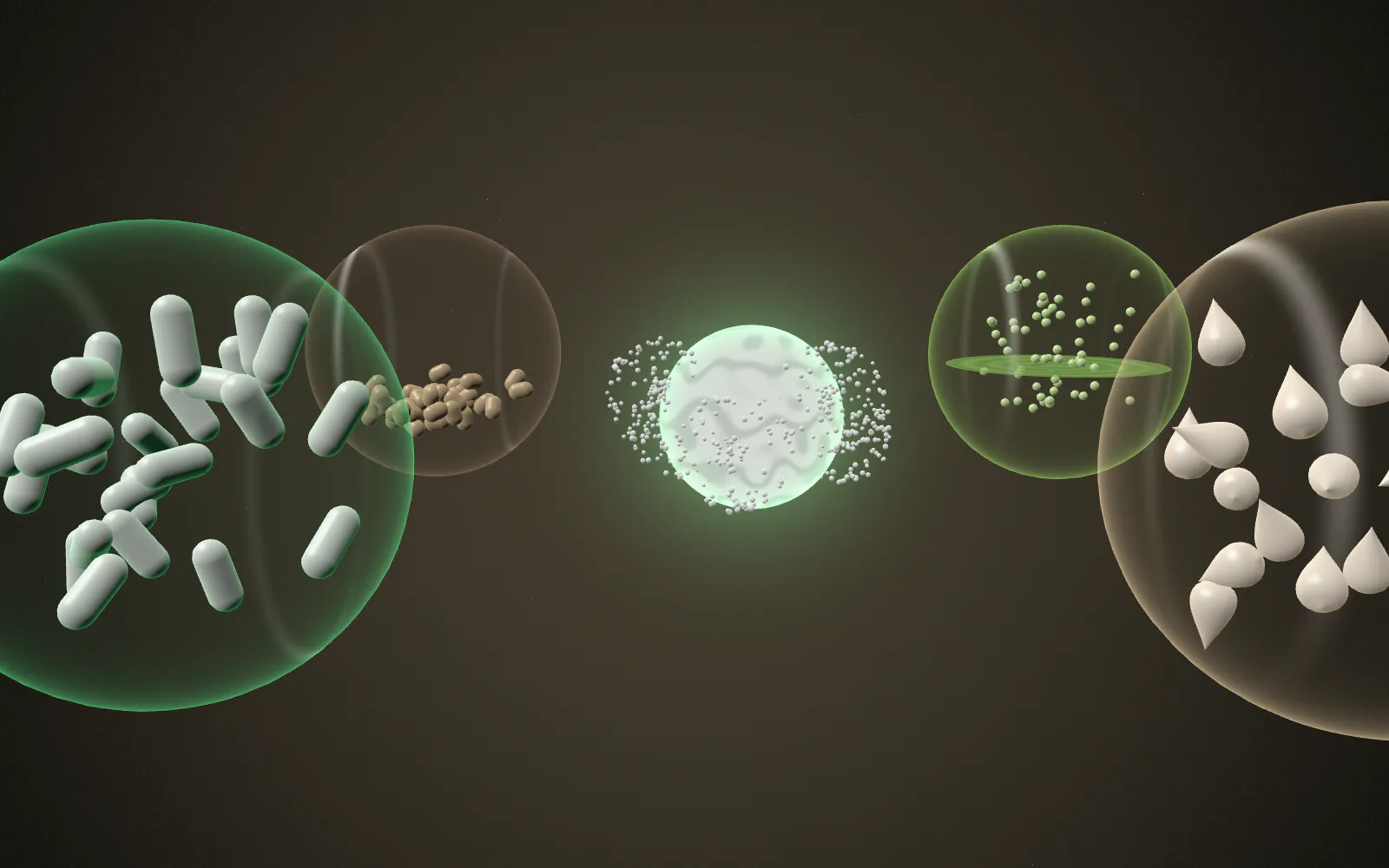 The camera orbits 90° around the same ingredient; the surrounding world becomes Cosmetic: serum droplets and smooth emulsions.