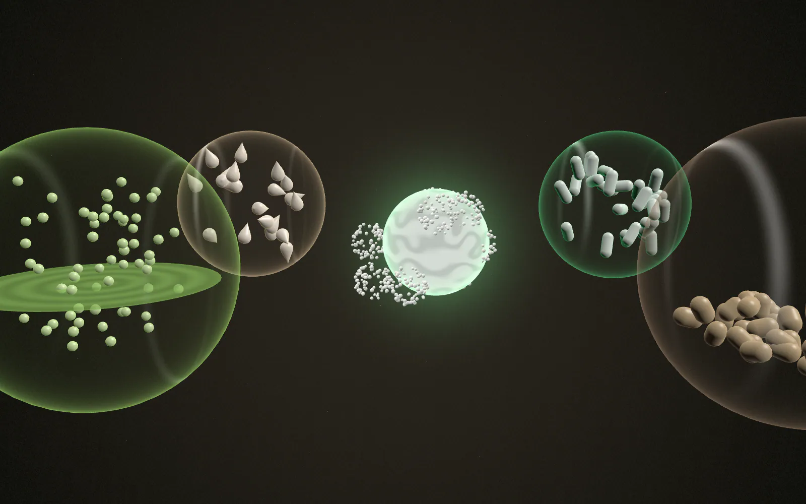 The camera orbits 270° around the same ingredient; the surrounding world becomes Veterinary: rounded feed-pellet forms.