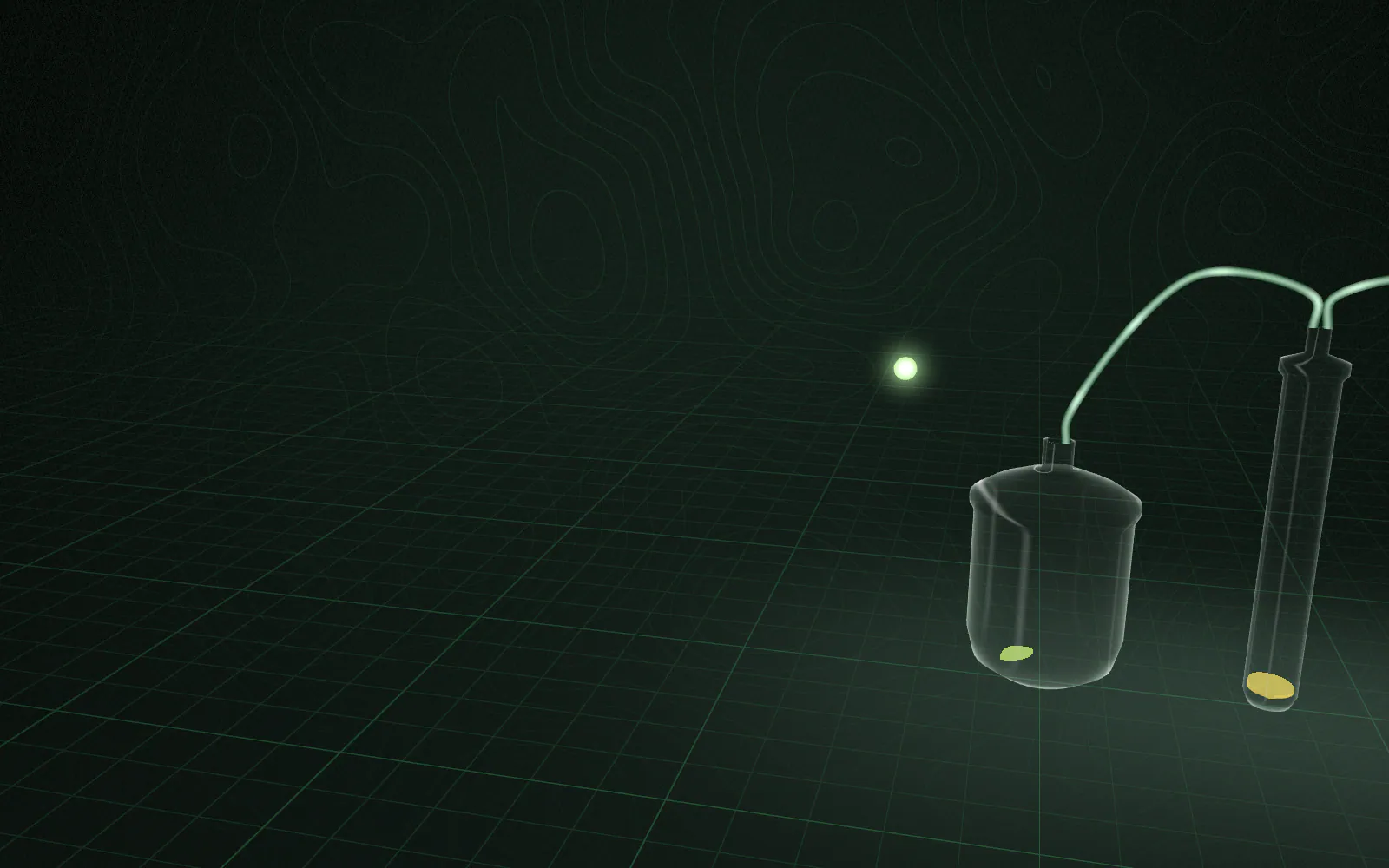 A single botanical particle floats in darkness beside a stylised train of transparent glass process vessels.