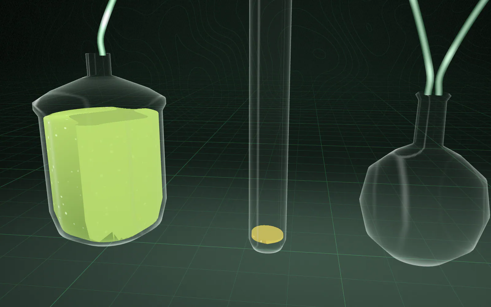 A second vessel holds a water–alcohol blend; the plume deepens as the particle passes through.
