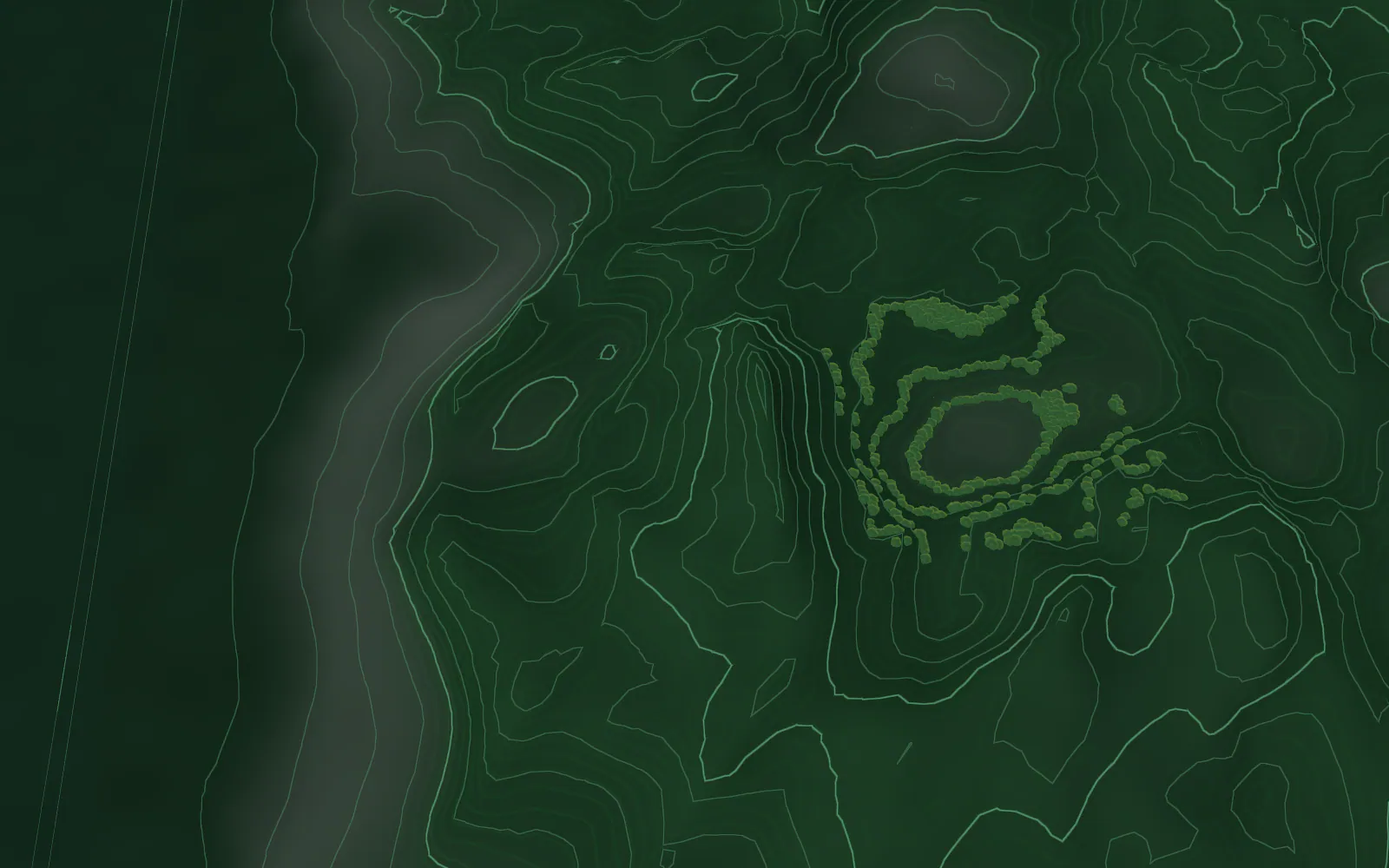 Contour-lined hill terrain inspired by the Western Ghats seen from above, with illustrative cultivation clusters beginning to glow.