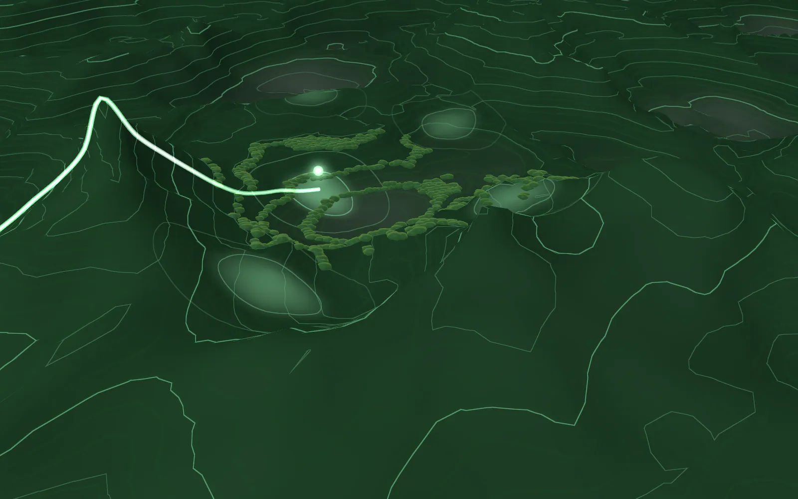 A single illustrative cluster is selected; a thin line traces from it through collection and processing points toward a finished-ingredient marker.