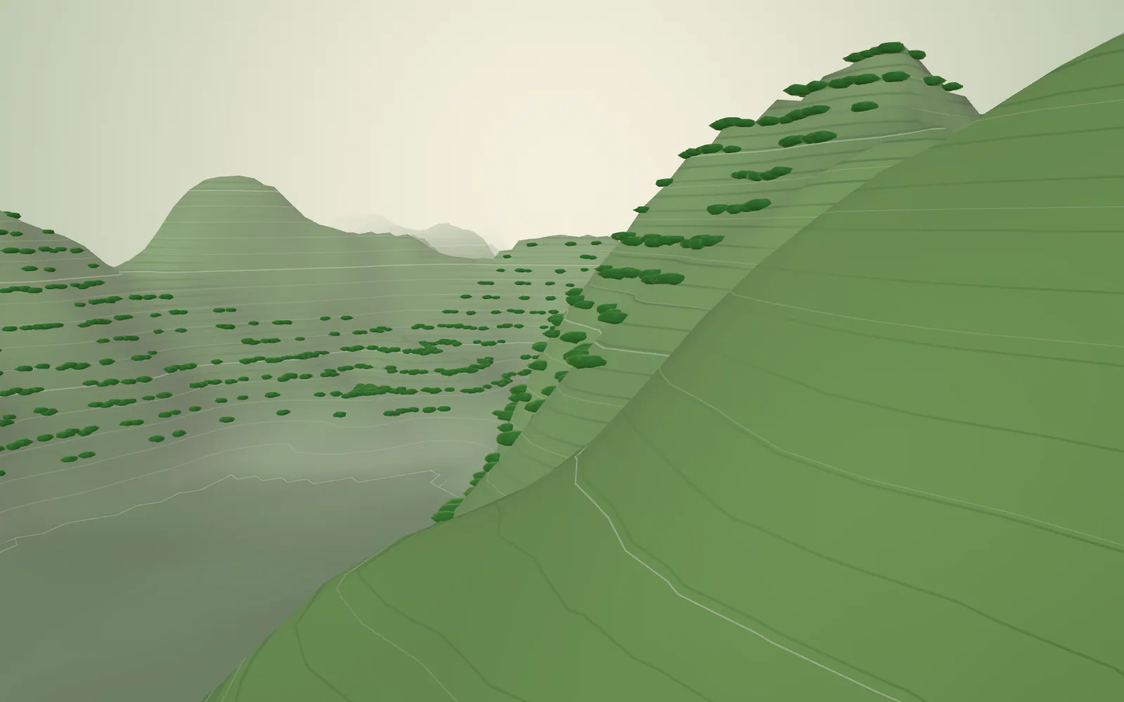 The camera travels along plantation rows of tea, coffee and spice plants.