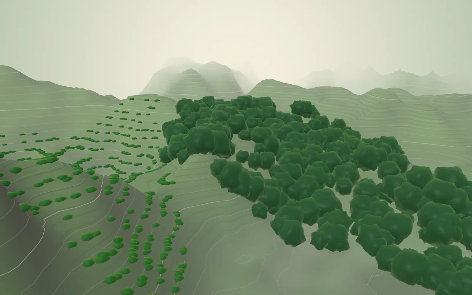 The landscape softens into mixed, biodiverse organic cultivation surrounded by forest.