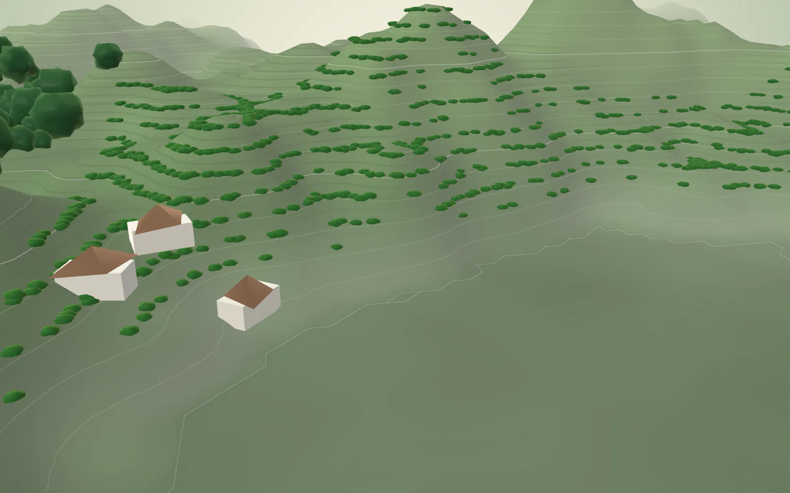 Small on-site processing structures appear among the plantations.
