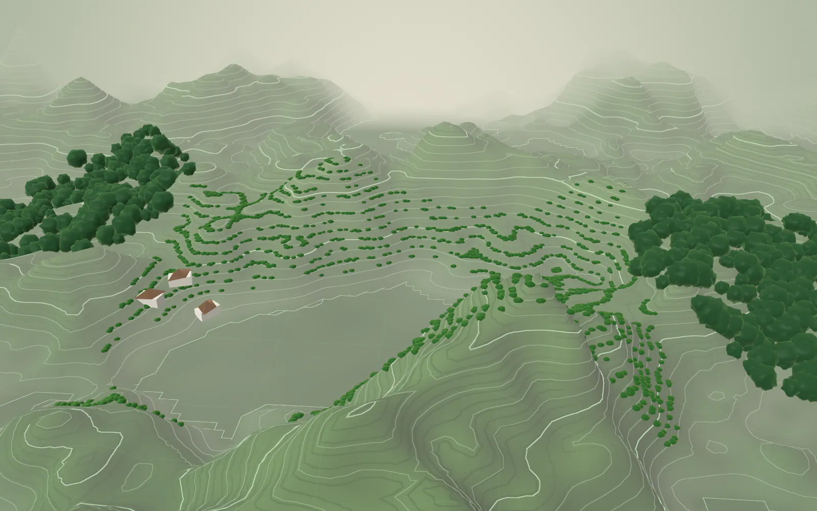 Faint scientific contour lines and data points begin to overlay the landscape.