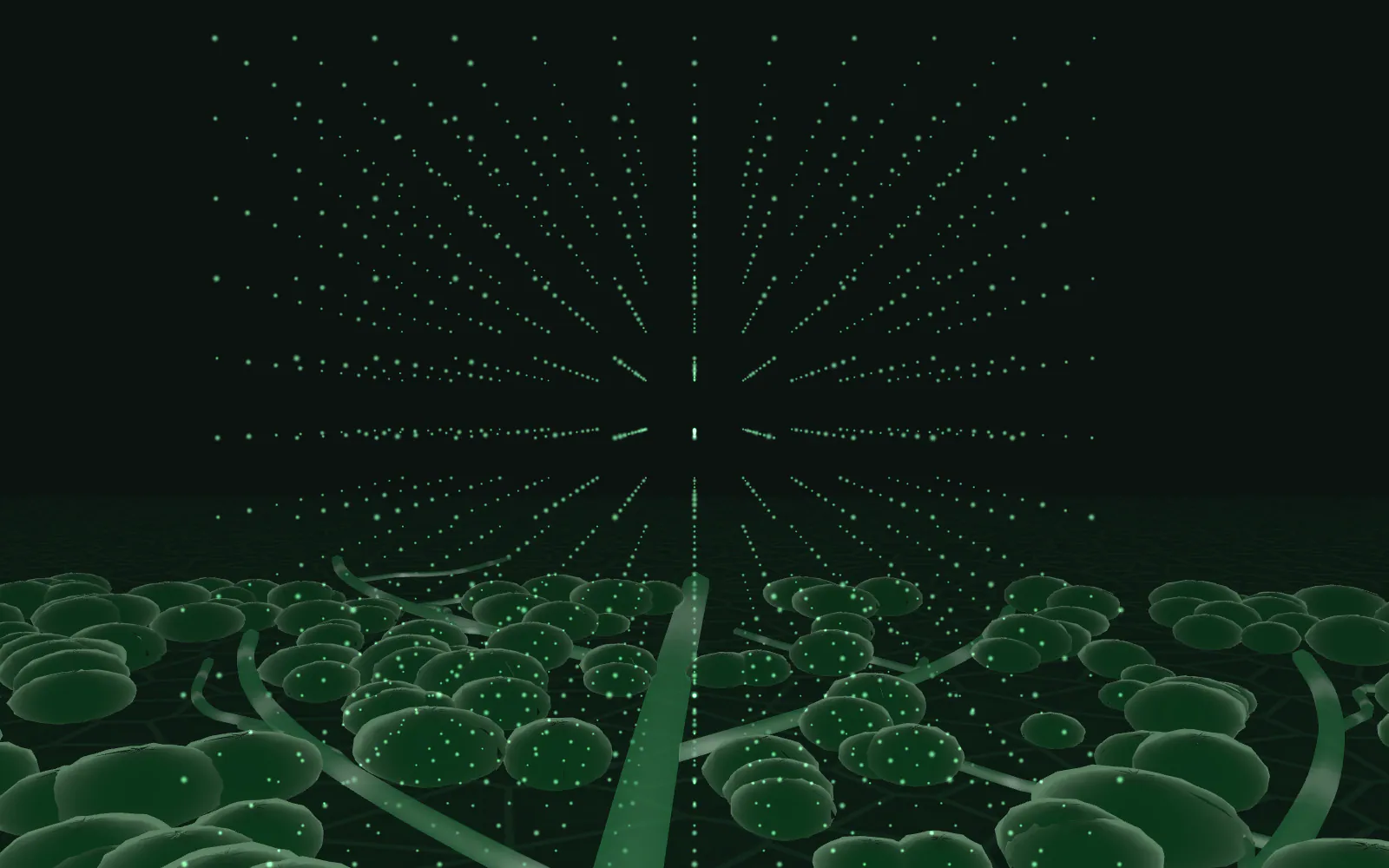 The organic cell field gives way to an ordered, graphite scientific space where particles align into a precise grid.