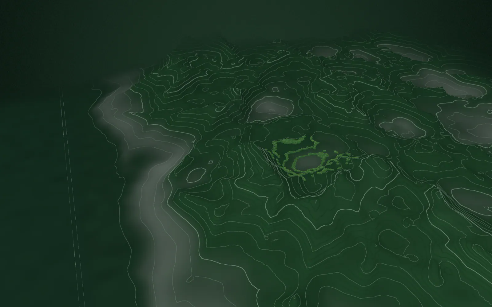 High above mist-filled ridgelines inspired by Kerala's Western Ghats; topographic contour lines trace the escarpment down toward the coast.