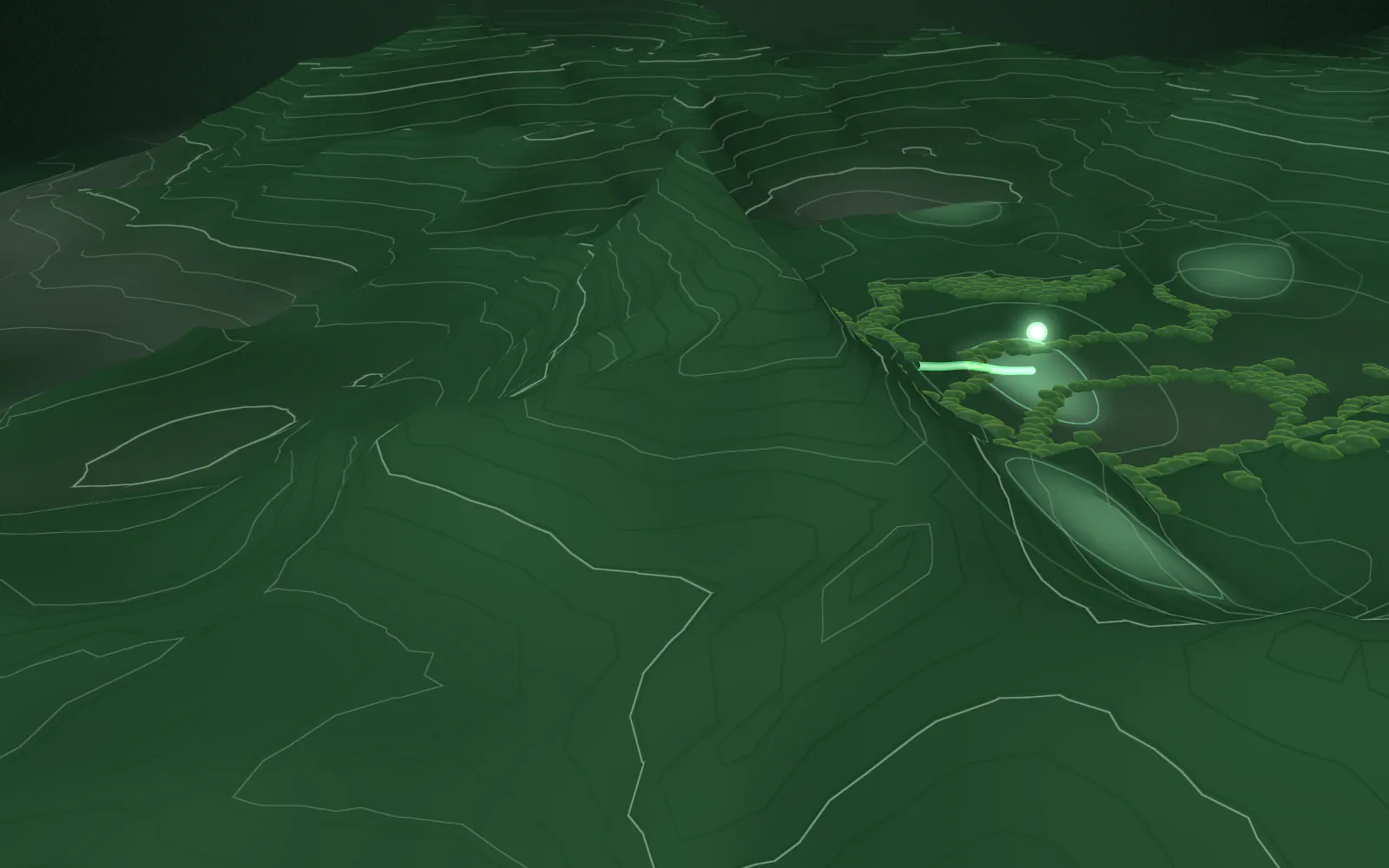 Illustrative cultivation clusters glow on the terrain; one is selected and a thin scientific readout lists the kinds of data a traceability record can hold — field names only.