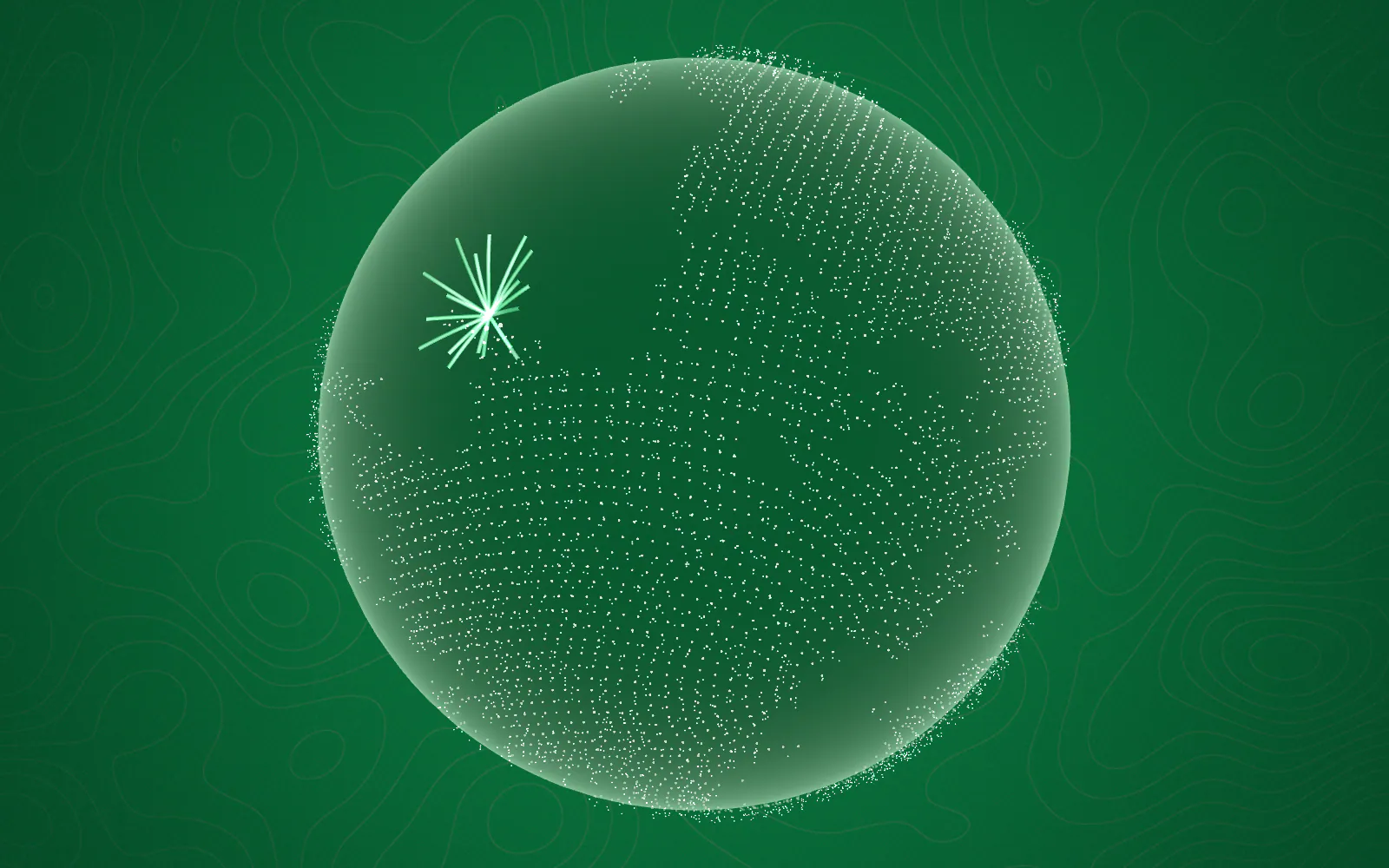 Particles stream along fading routes around the globe; the promise continues: Standardized precisely.