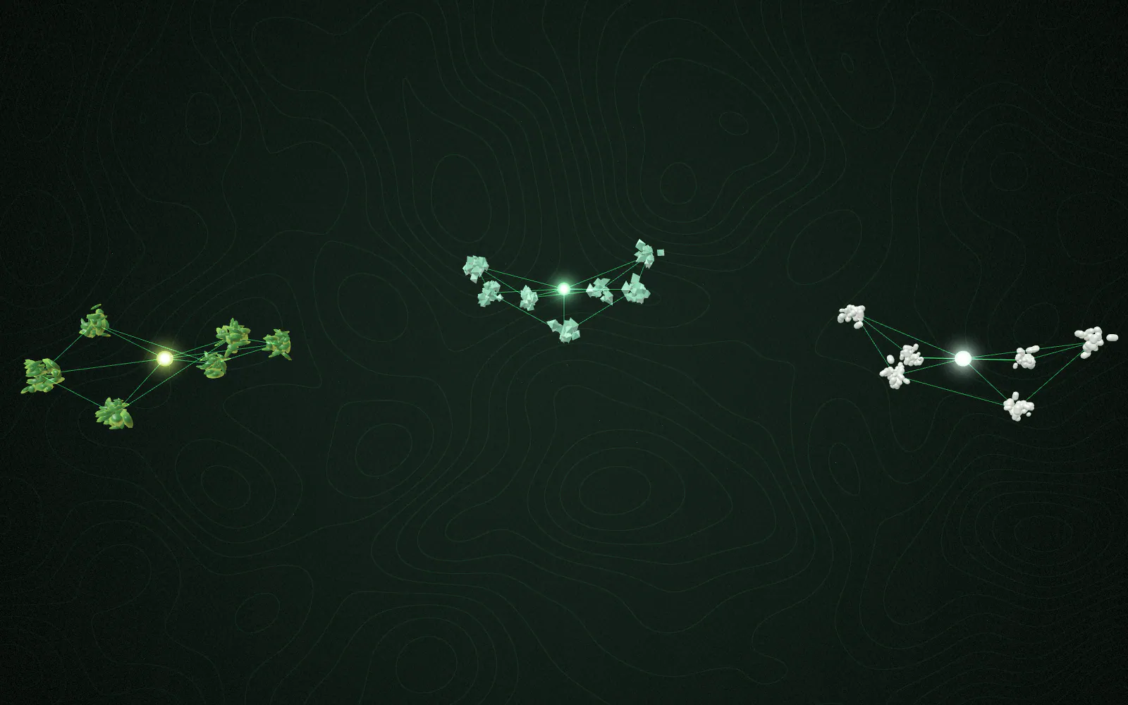 Ingredient particles gather out of the dark into three separate constellations.