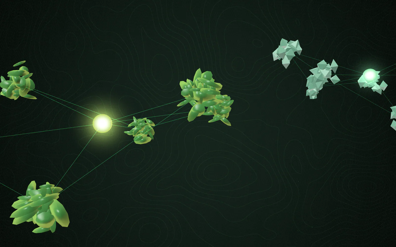 The botanical constellation: soft, organic leaf-fragment and powder forms linked by fine green lines.