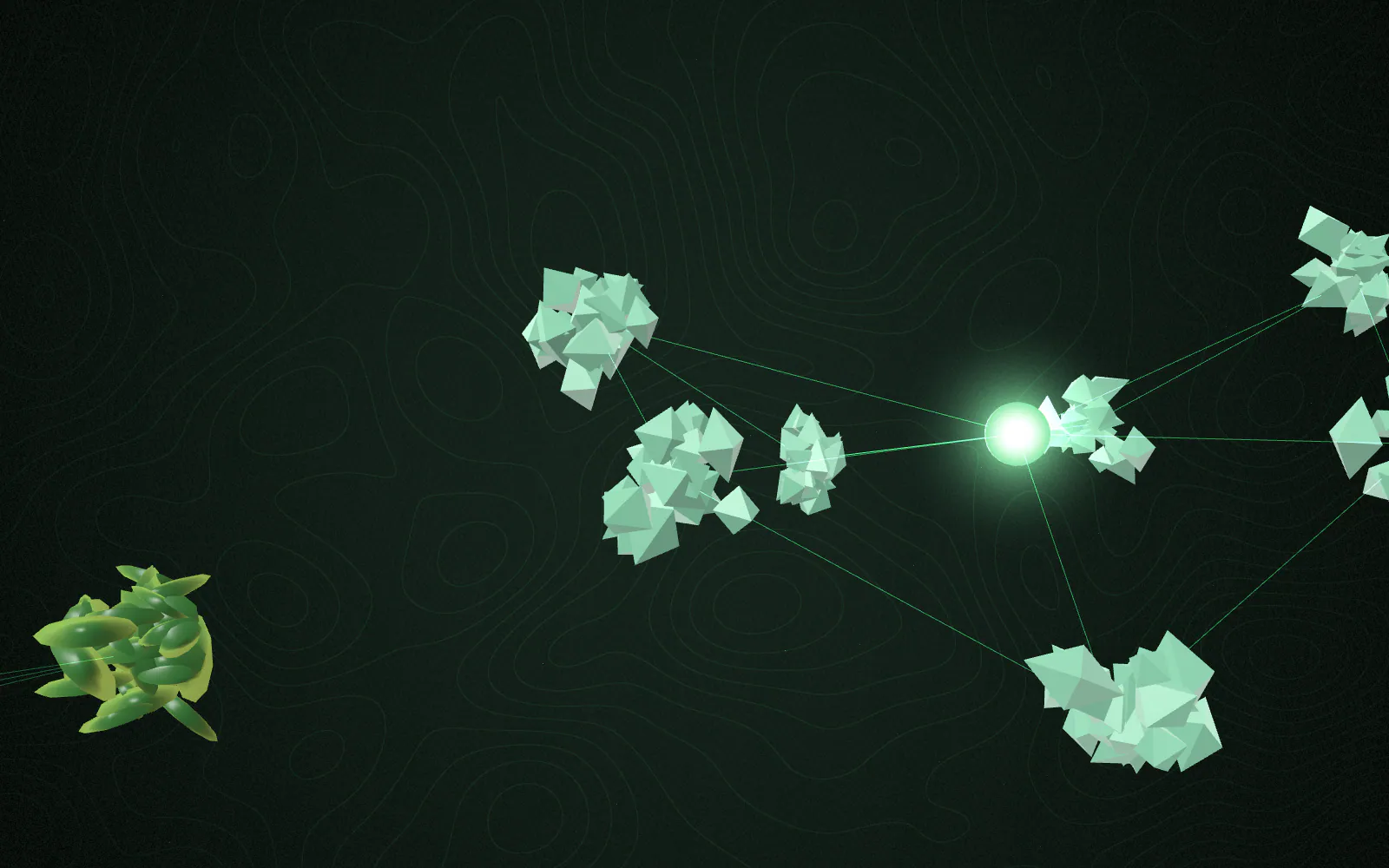 The nutraceutical constellation: faceted, crystalline forms in cool light, each node a class of plant-derived compound.