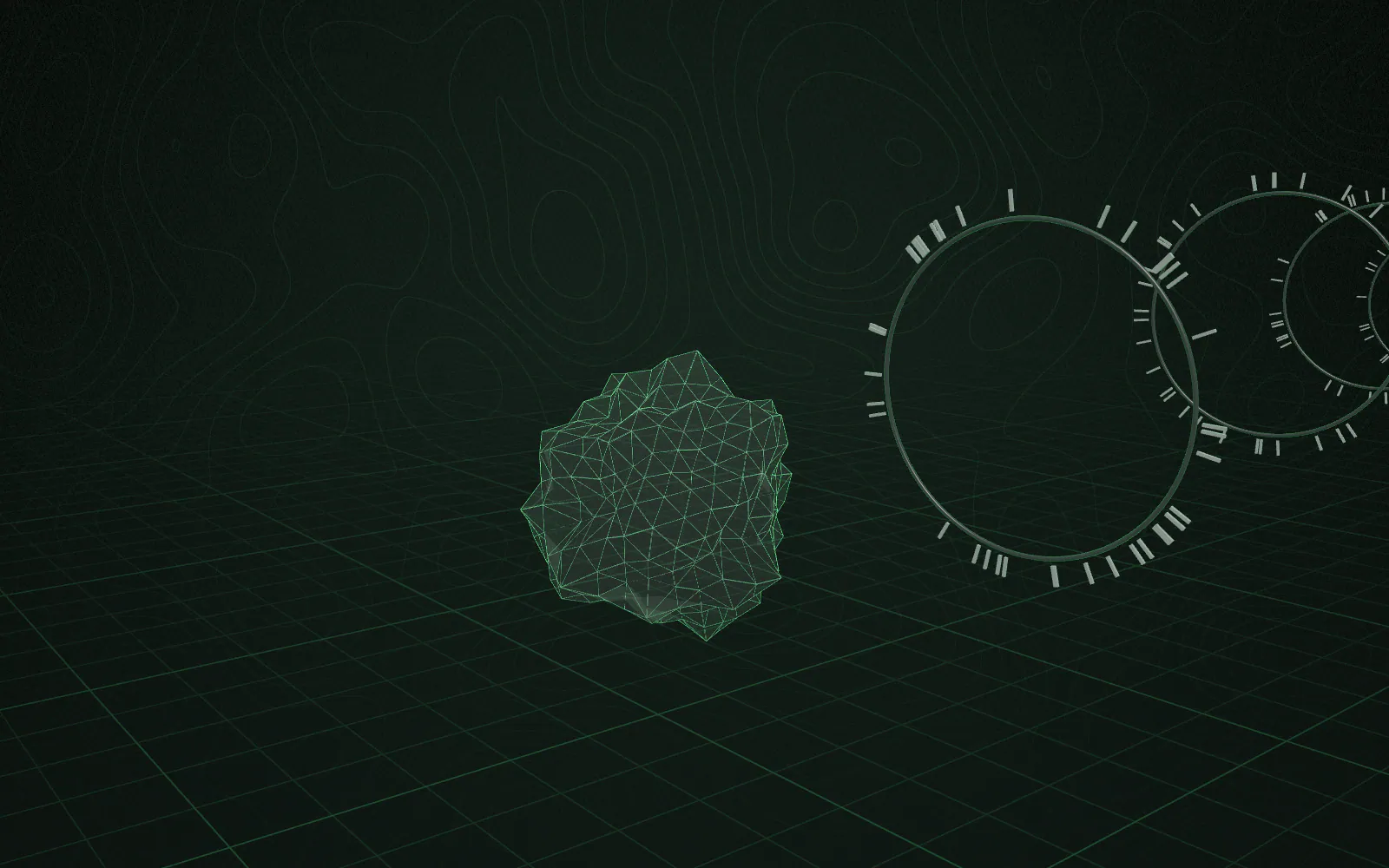 A single botanical sample, still irregular and translucent, waits at the start of a curved pipeline of ten open rings in a dark laboratory space.