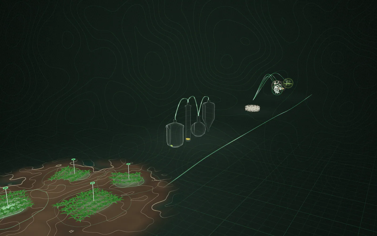 A miniature world viewed from above: contour-lined terrain, four connected zones and a single luminous token waiting at the start.
