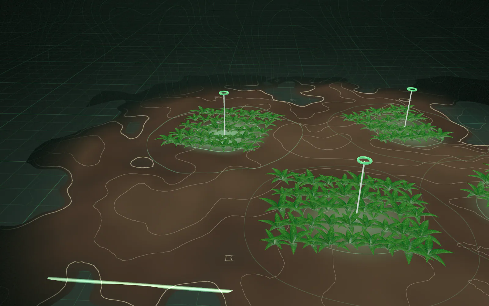 Farm: botanical plants rise in organised cluster rows on contoured terrain; location pins lift from each cluster and one harvest lot glows as the token.