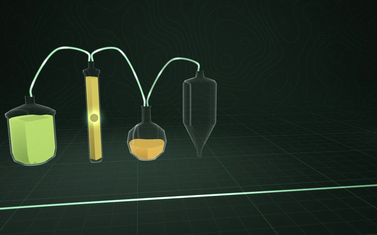 Science: the token enters a transparent glass extraction train on a graphite floor — vessel, column, concentrator and dryer — as liquid levels move and fractions separate.