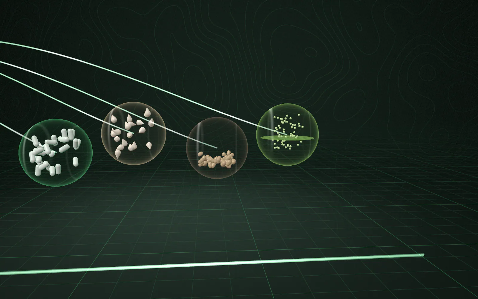 Application: the ingredient volume divides into four streams that settle into four glowing application worlds.